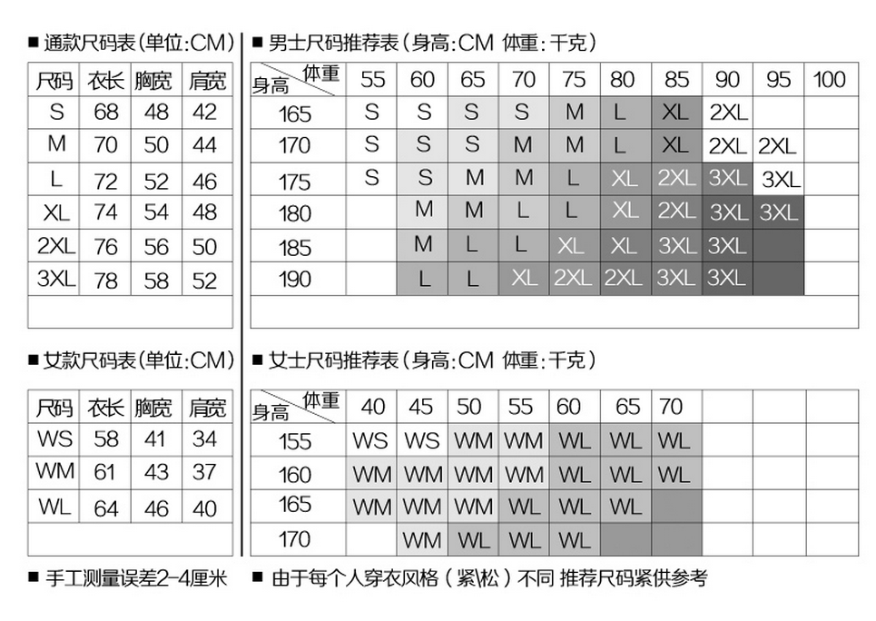 t恤工作服短袖定做尺码图